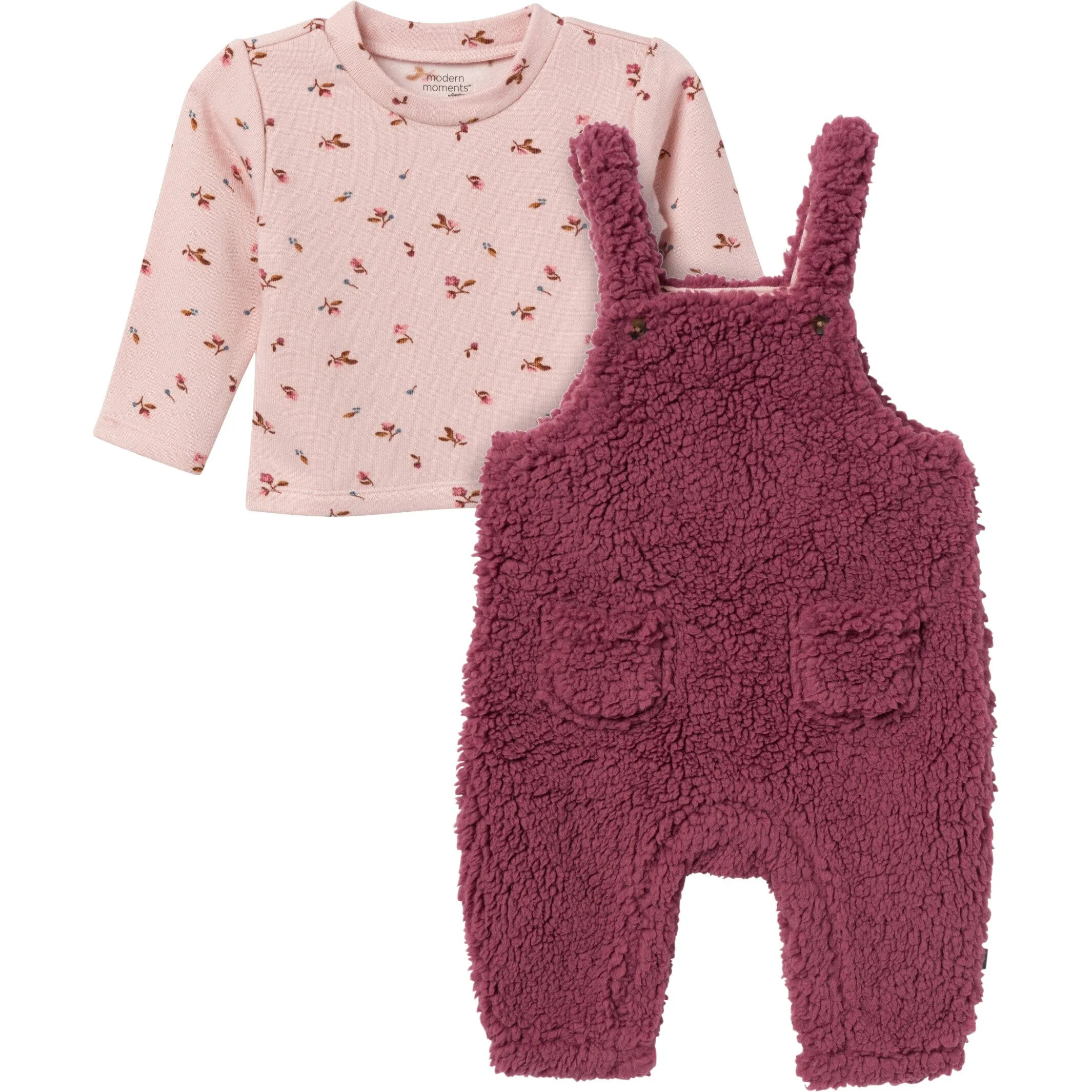 2-Piece Baby Girls Dark Rose Microplush Overalls