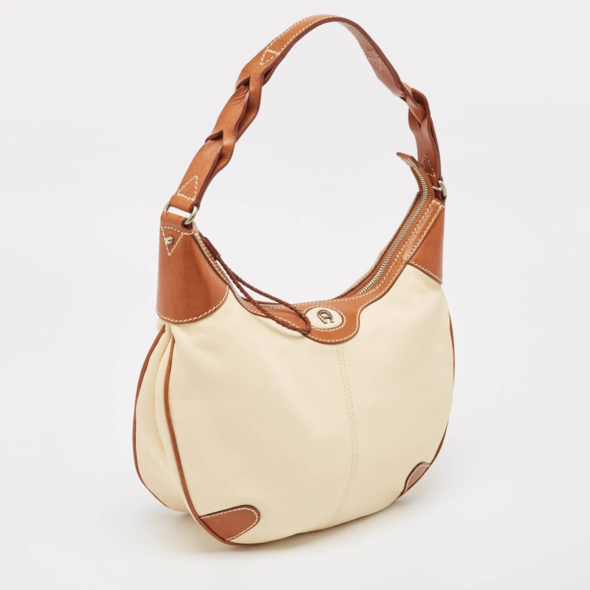 AIGNER Brown/Off White Leather Logo Hobo