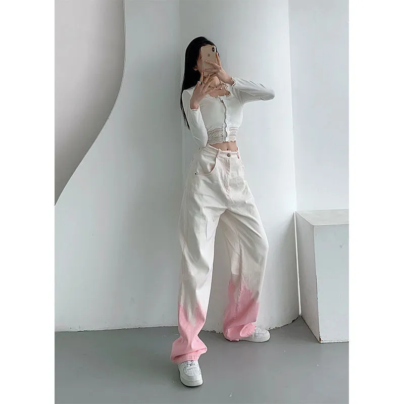 Amy Fashion - Cutie Girl Pink White Pencil Jeans