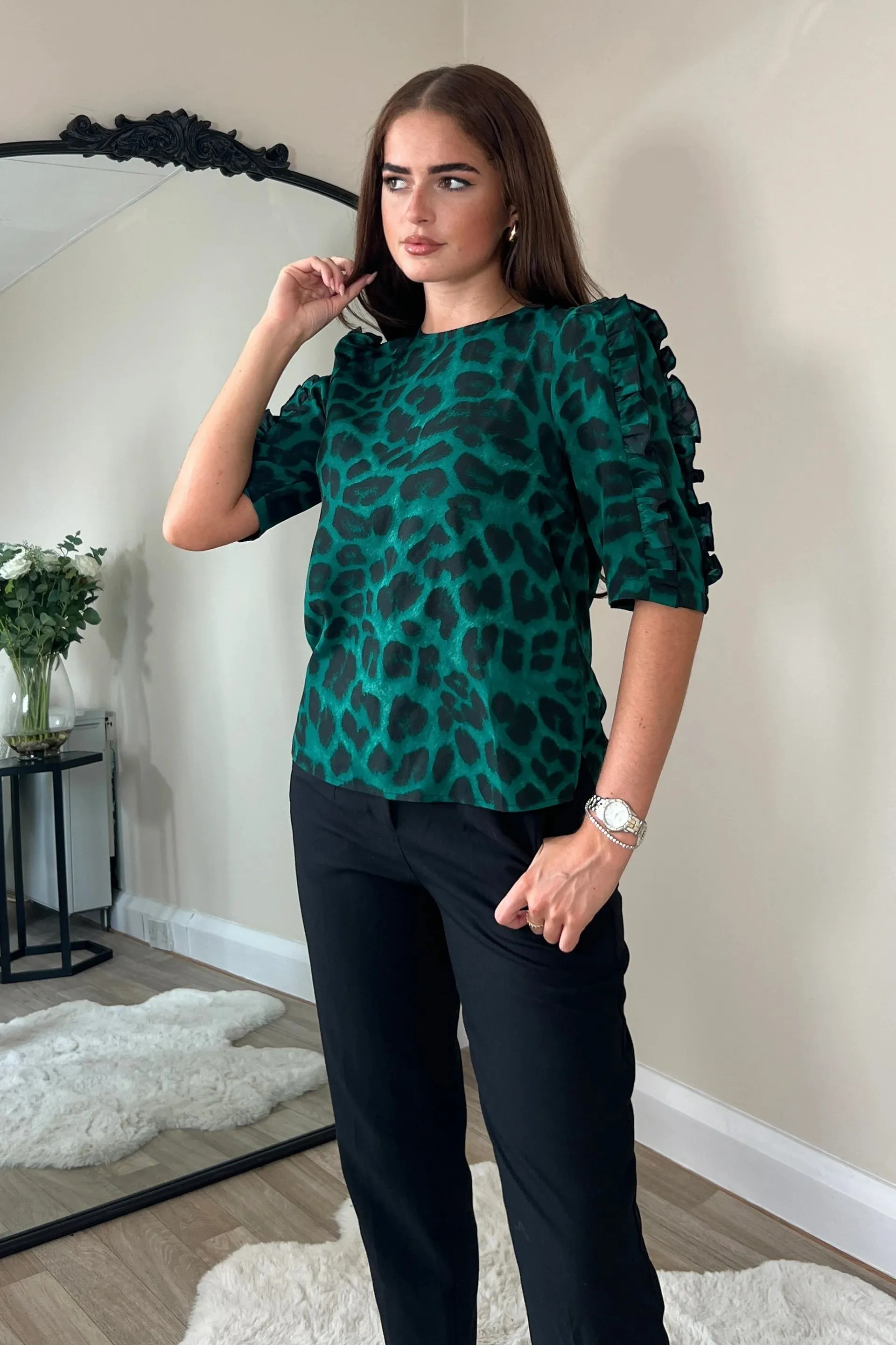 Asher Animal Frill Sleeve Top (Green)