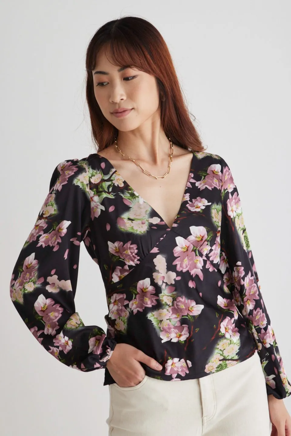 Bailey Black Floral Satin Bias Balloon Sleeve Top