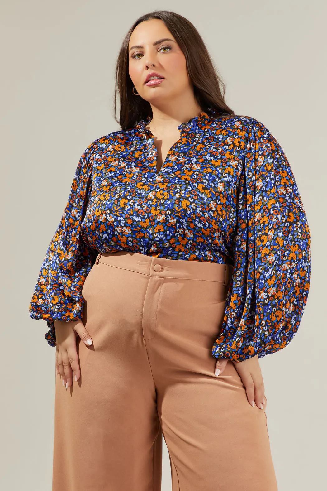 Begonia Floral Shimmy Balloon Sleeve Top Curve