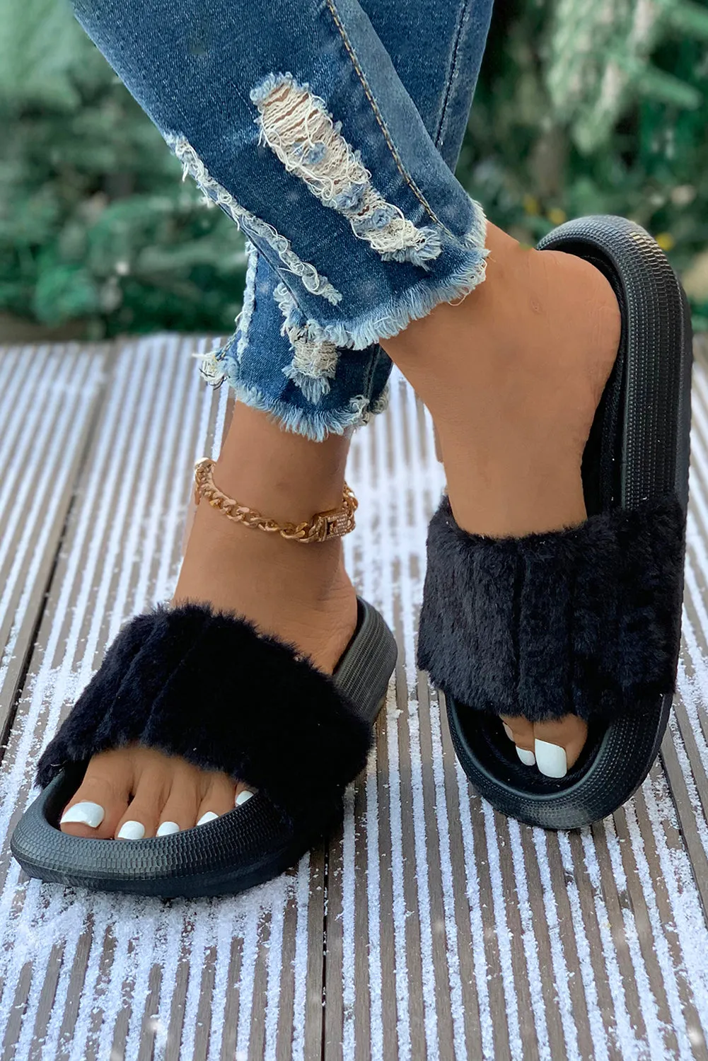 Black Comfy Plush Band Open Toe Flat Slippers