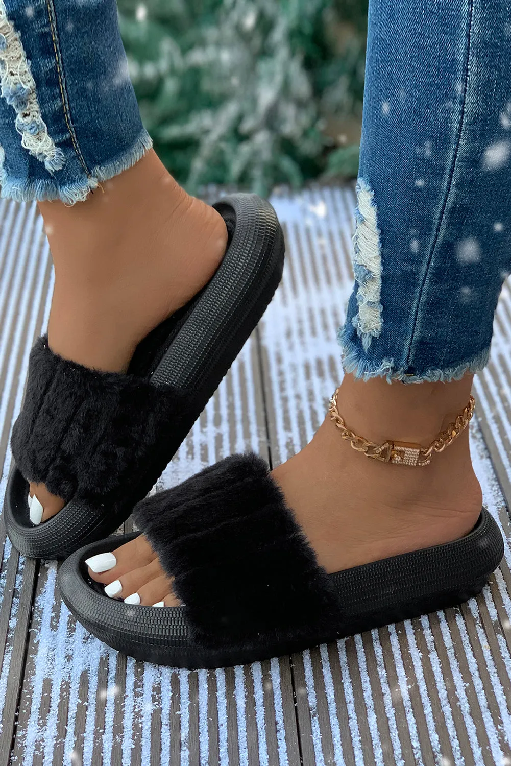 Black Comfy Plush Band Open Toe Flat Slippers