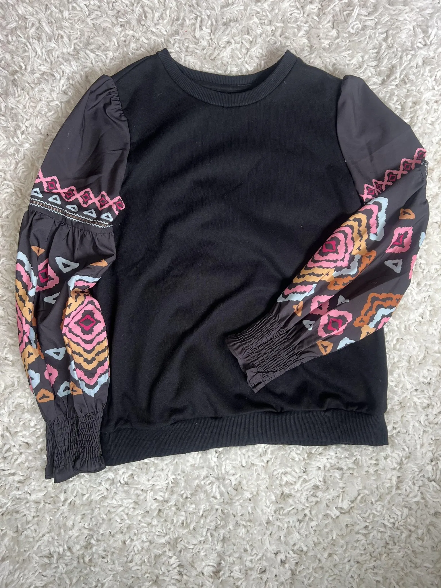 Black Geometric Lantern Sleeve Round Neck Blouse