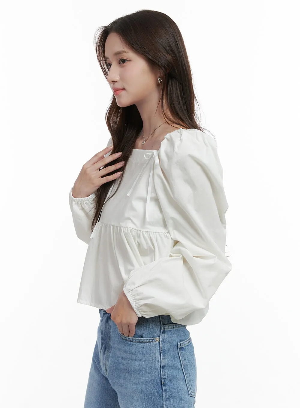 Classic Square Neck Ribbon Sleeve Blouse OS416