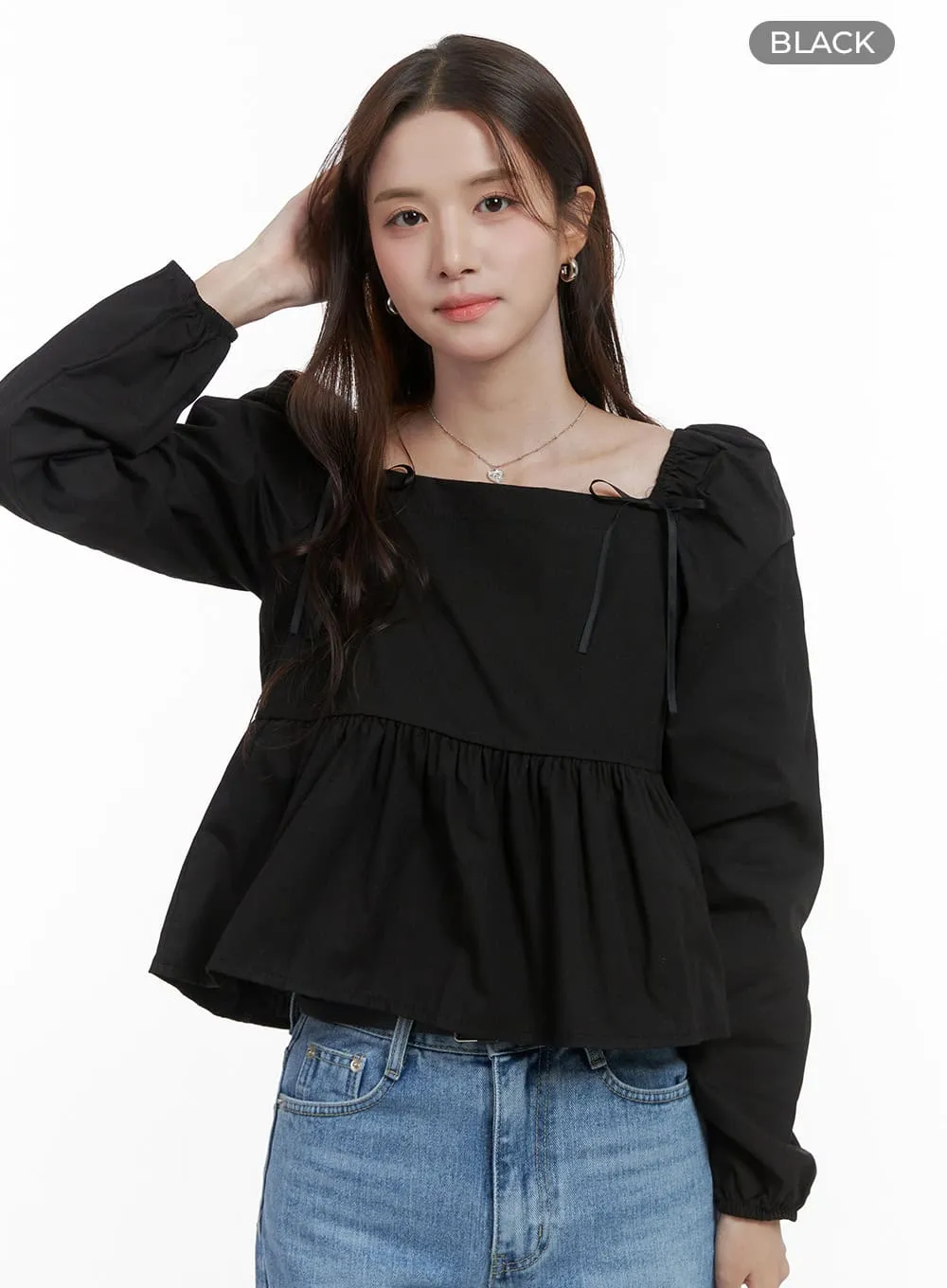 Classic Square Neck Ribbon Sleeve Blouse OS416