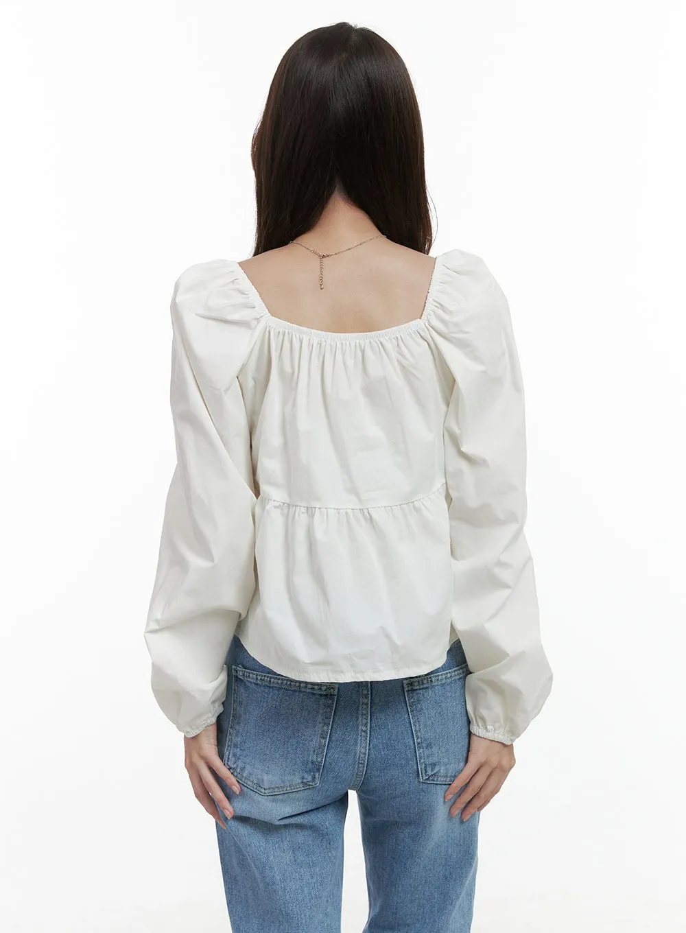 Classic Square Neck Ribbon Sleeve Blouse OS416