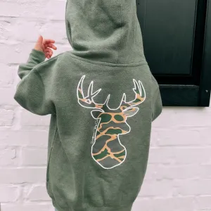 (HOODIE) Deer Head Old School Camo Kids Hoodie