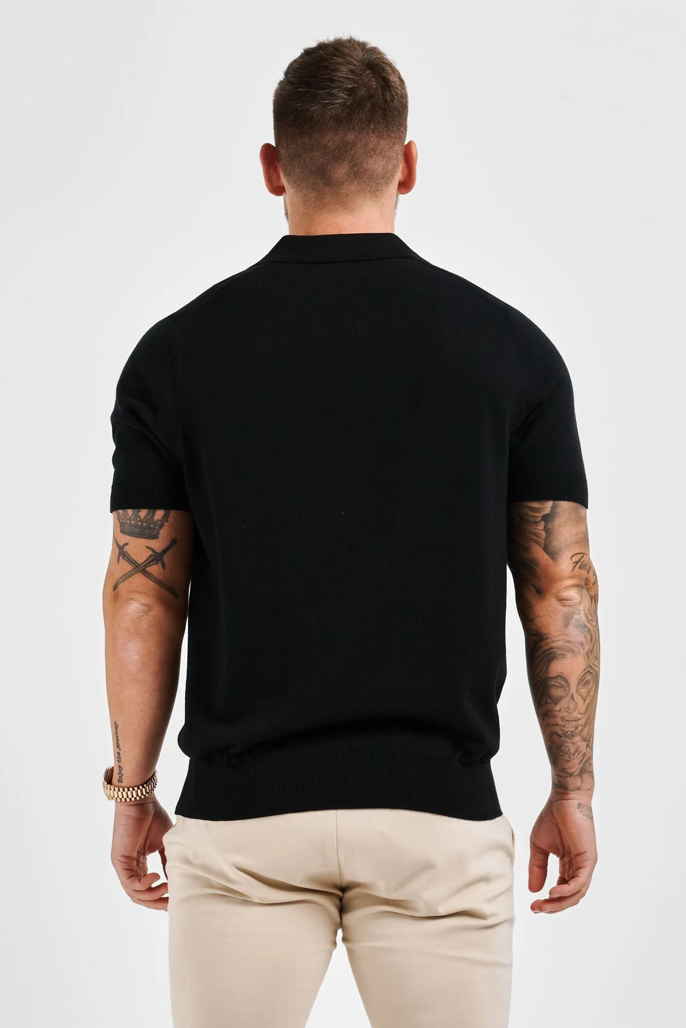 LEGEND OPEN COLLAR POLO SHIRT - BLACK