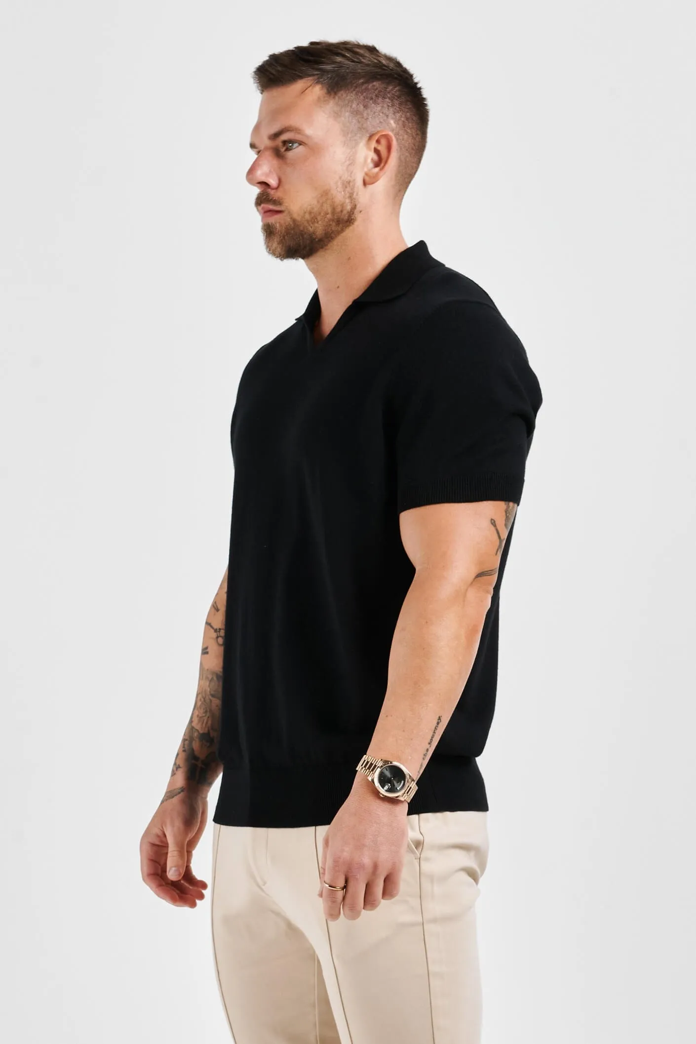 LEGEND OPEN COLLAR POLO SHIRT - BLACK