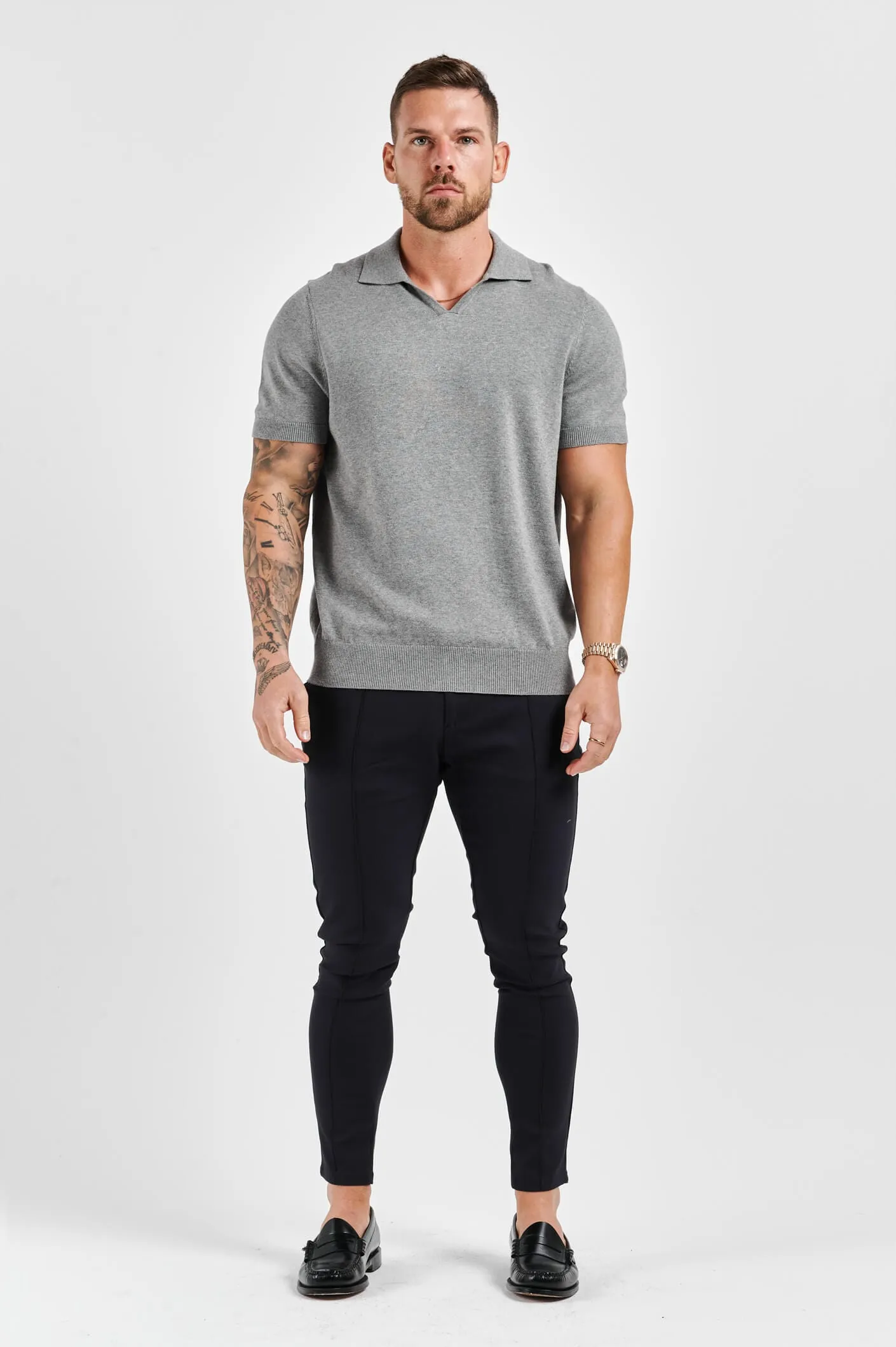 LEGEND OPEN COLLAR POLO SHIRT - GREY MARL