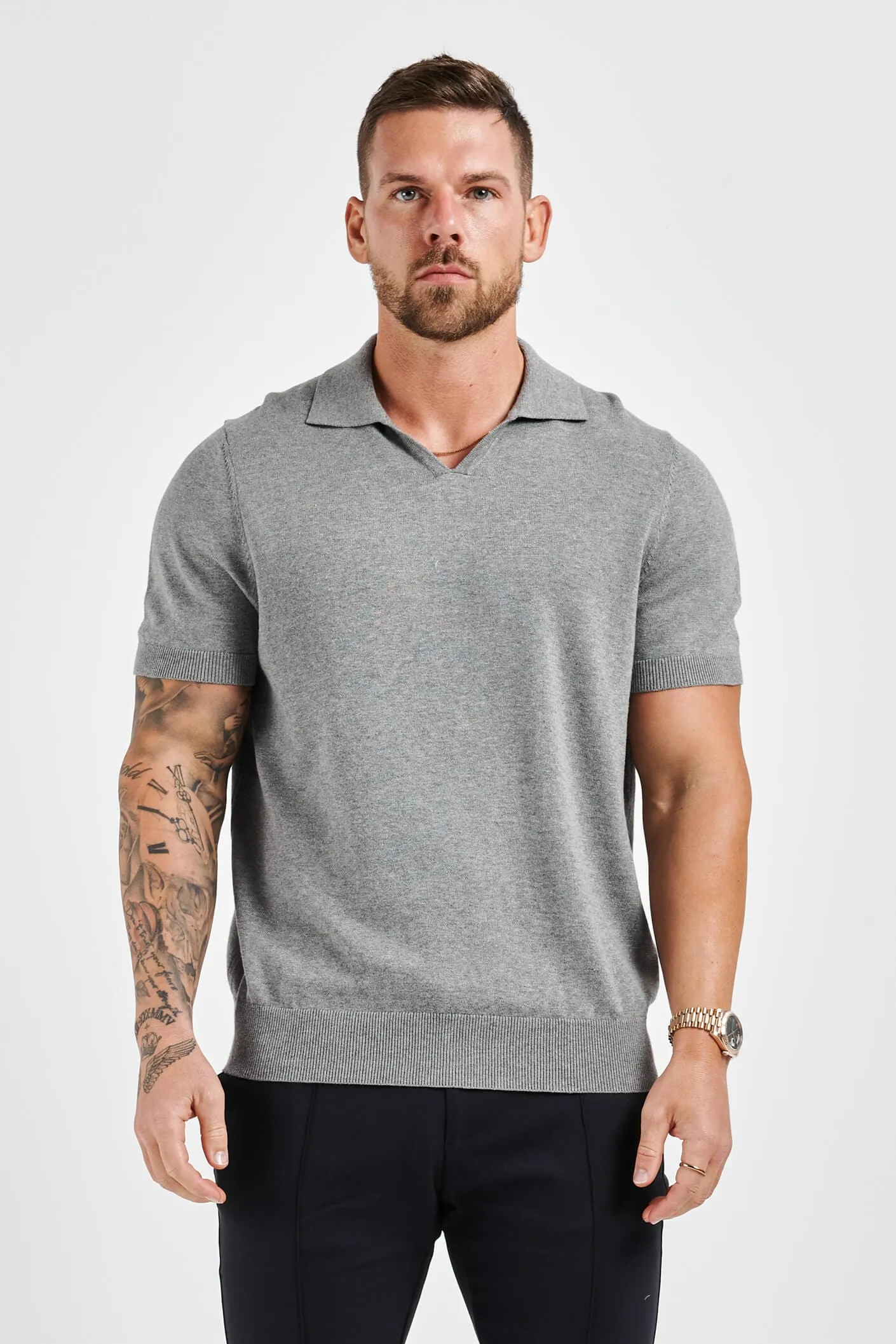 LEGEND OPEN COLLAR POLO SHIRT - GREY MARL