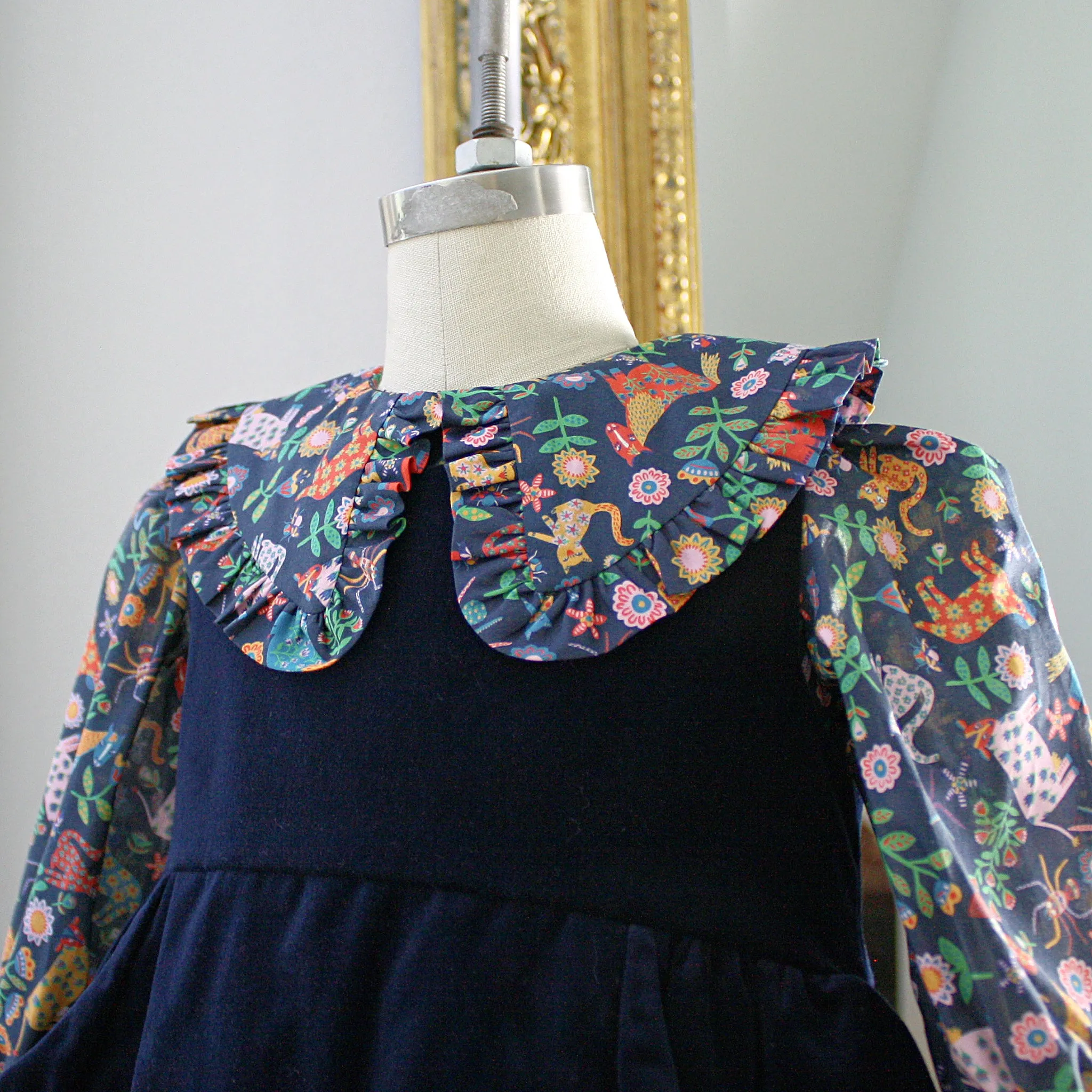 Navy Blue Velveteen Dress with Folk Tails Blue Liberty London Blouse - Only Sizes 12M and 5 left