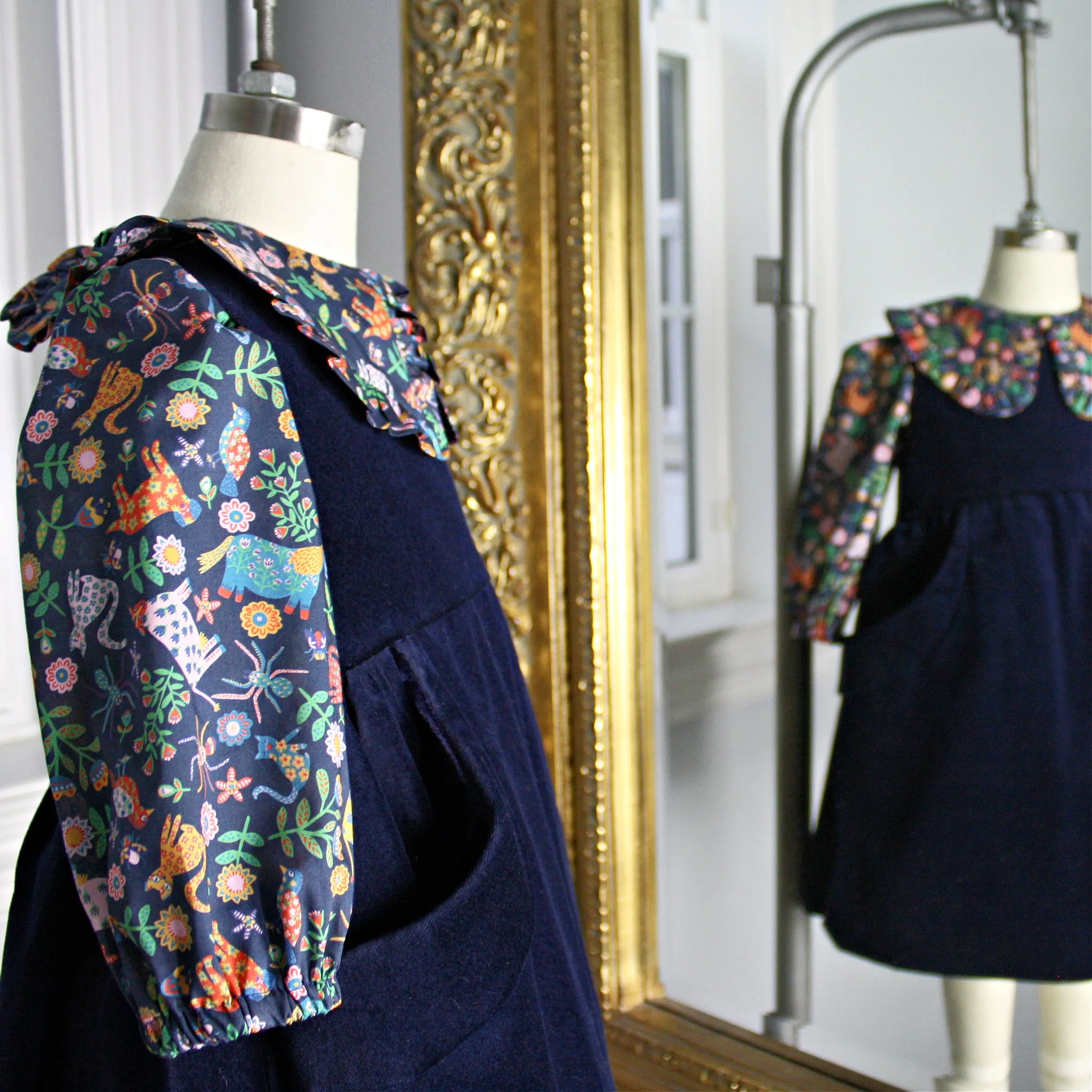 Navy Blue Velveteen Dress with Folk Tails Blue Liberty London Blouse - Only Sizes 12M and 5 left