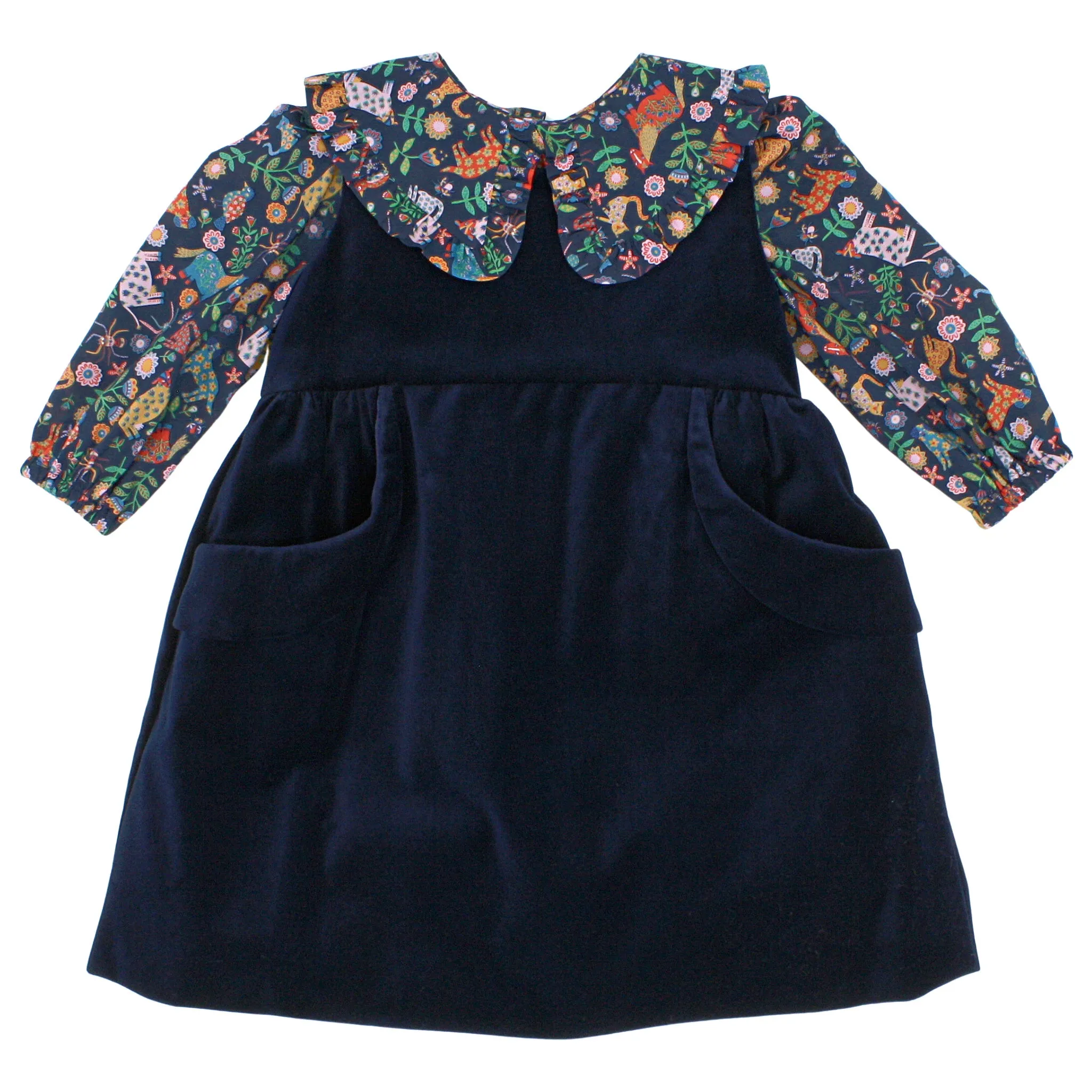 Navy Blue Velveteen Dress with Folk Tails Blue Liberty London Blouse - Only Sizes 12M and 5 left