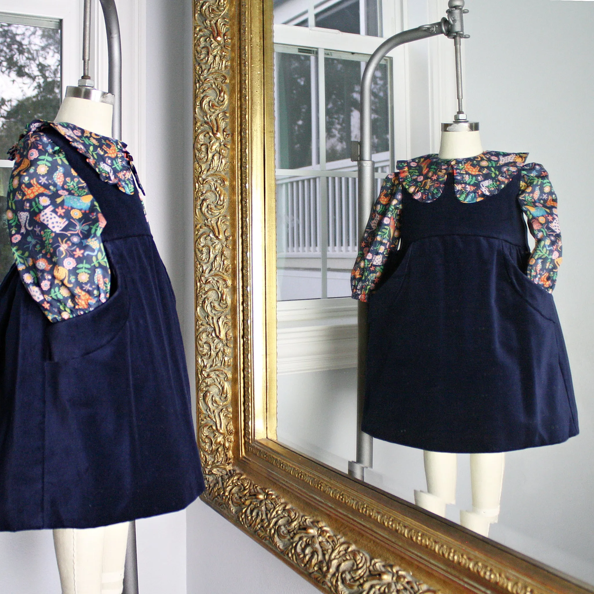 Navy Blue Velveteen Dress with Folk Tails Blue Liberty London Blouse - Only Sizes 12M and 5 left