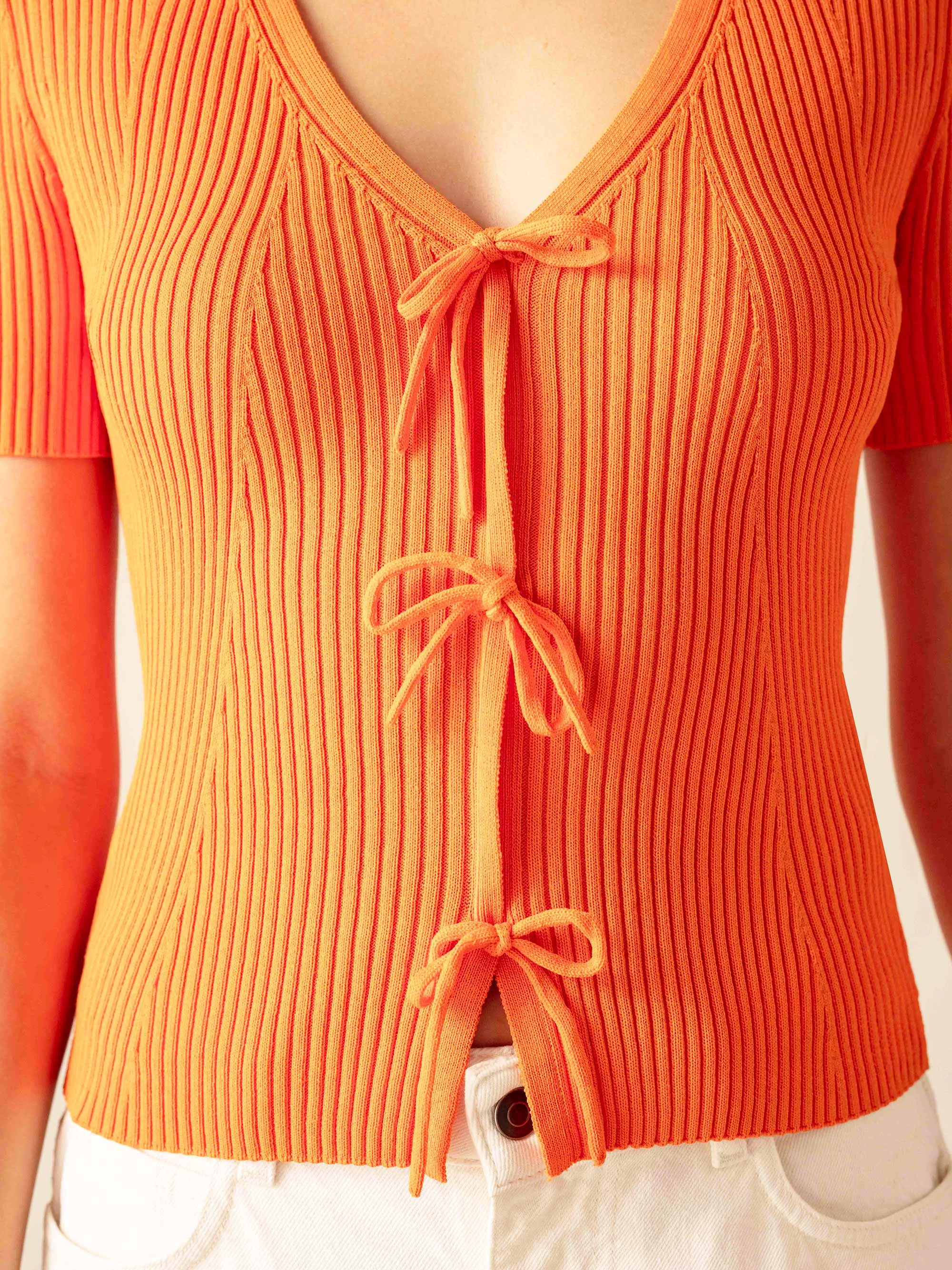 Orange Tie Front Ribbed Top