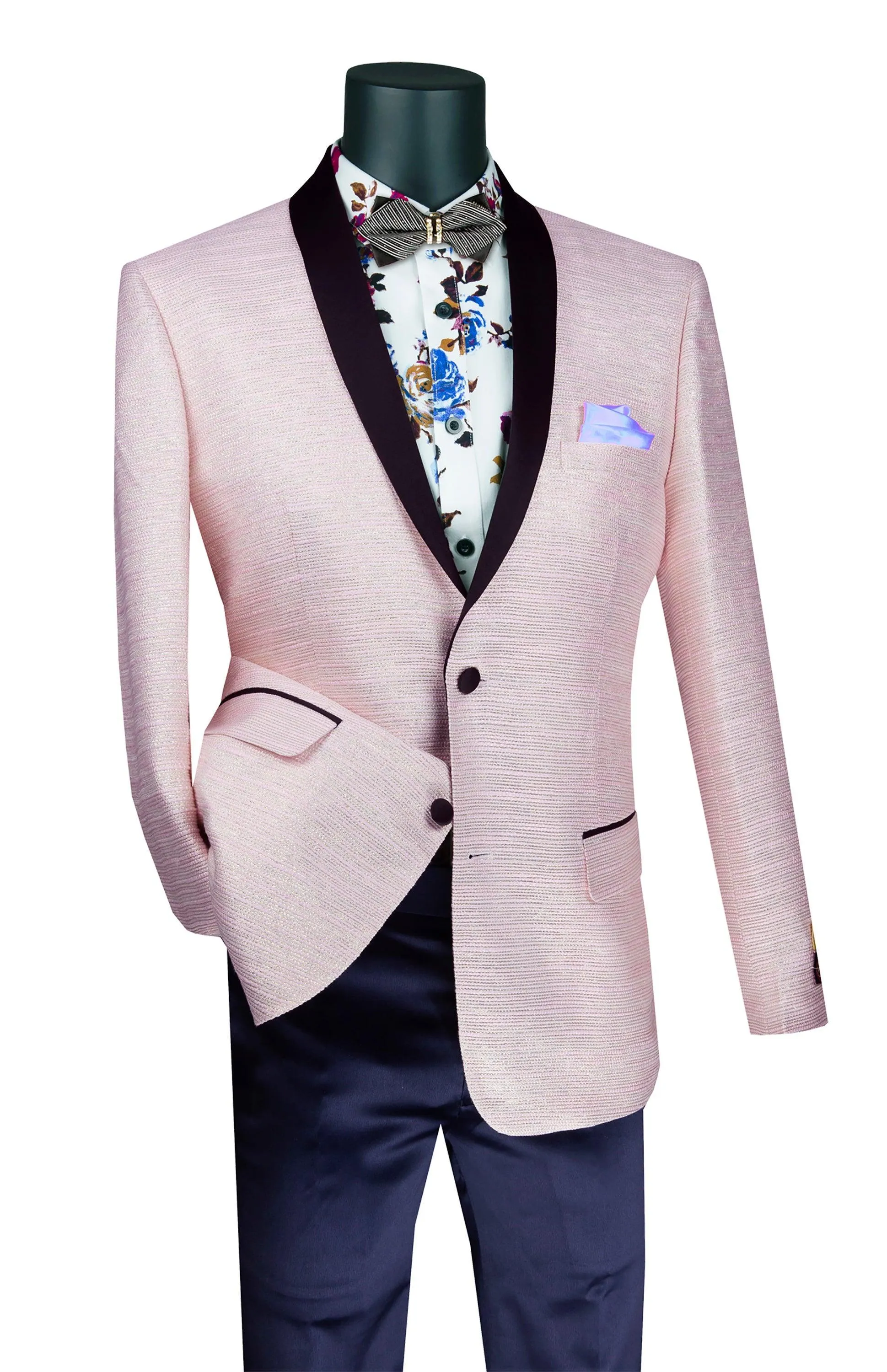 Pink Metallic Stripe Slim Fit Jacket with Black Shawl Lapel