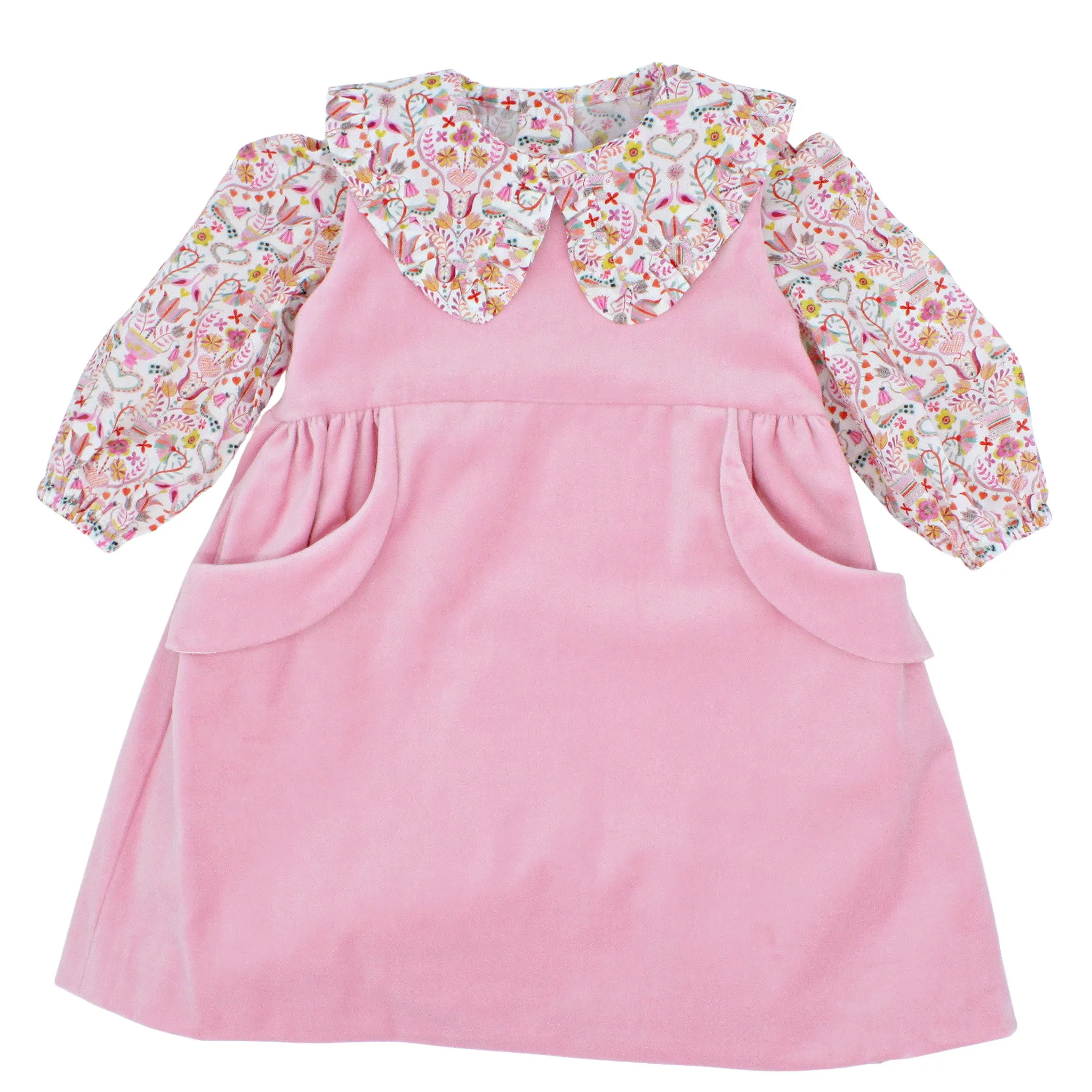 Pink Velveteen Dress with Love Birds Liberty London Blouse - Only Sizes 12M and 2T left