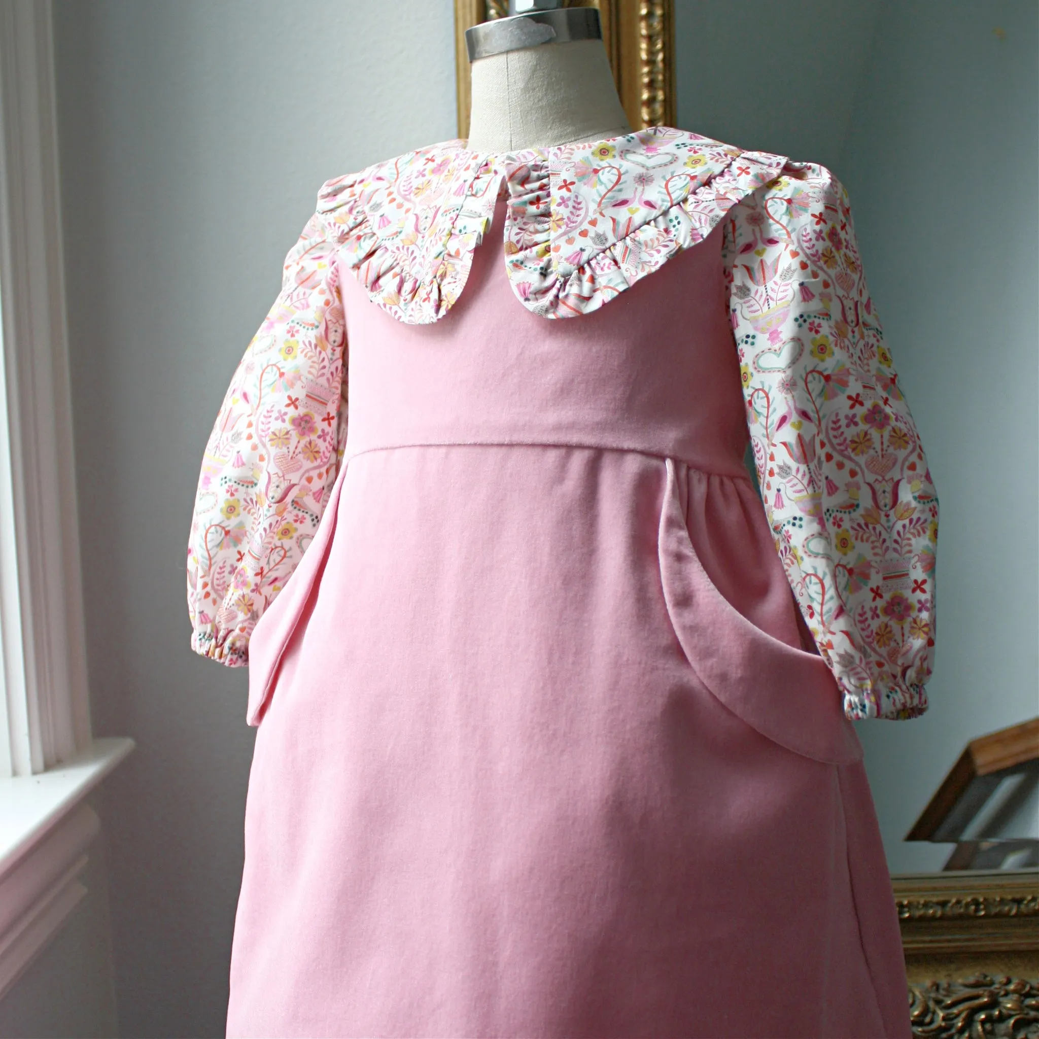 Pink Velveteen Dress with Love Birds Liberty London Blouse - Only Sizes 12M and 2T left