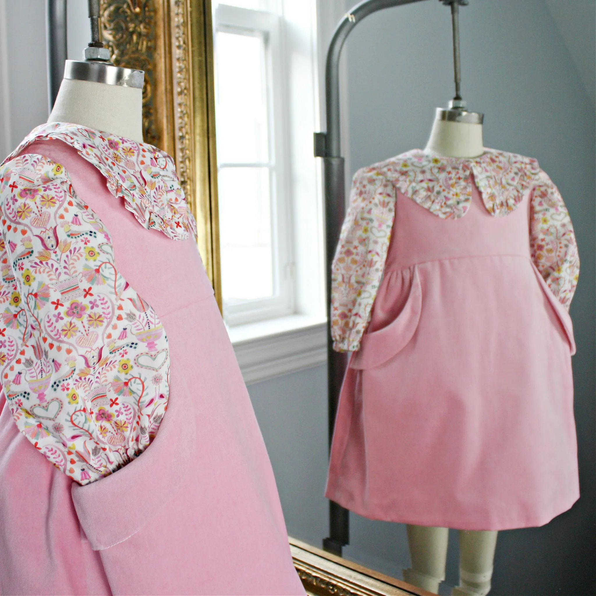 Pink Velveteen Dress with Love Birds Liberty London Blouse - Only Sizes 12M and 2T left