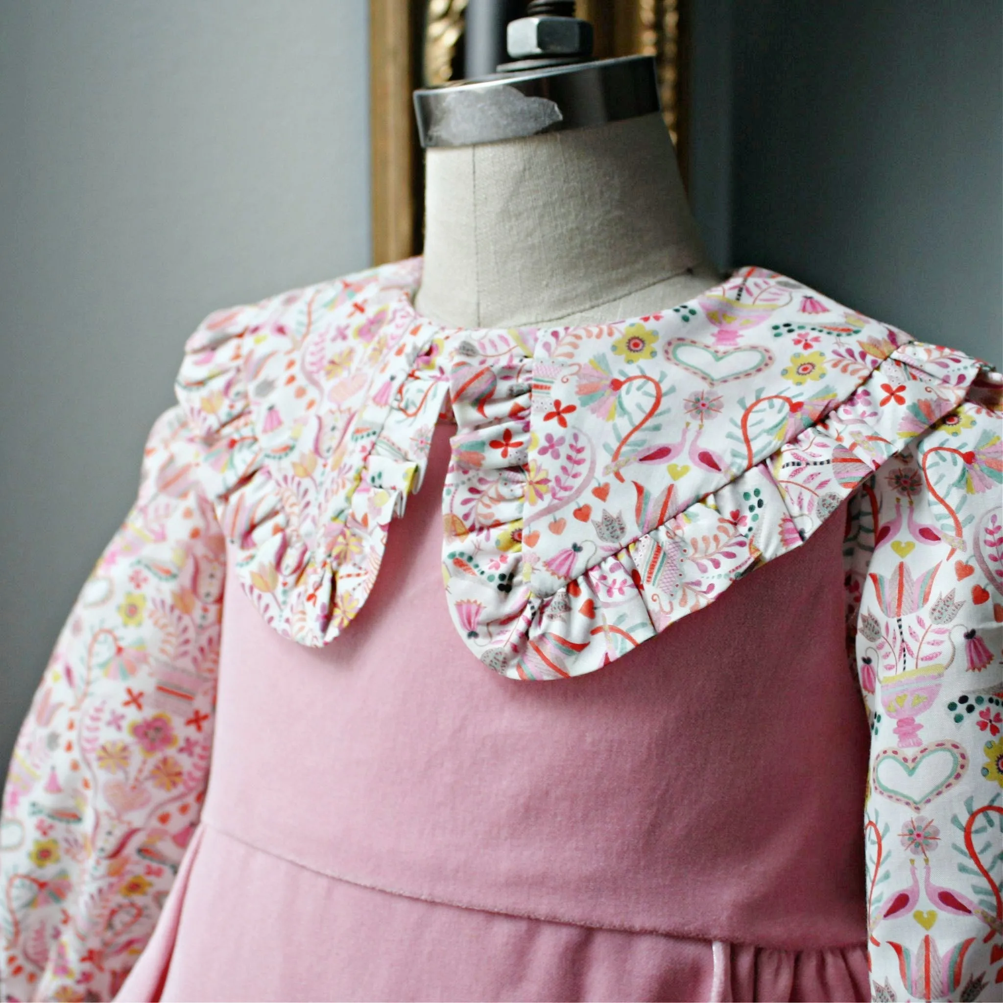 Pink Velveteen Dress with Love Birds Liberty London Blouse - Only Sizes 12M and 2T left