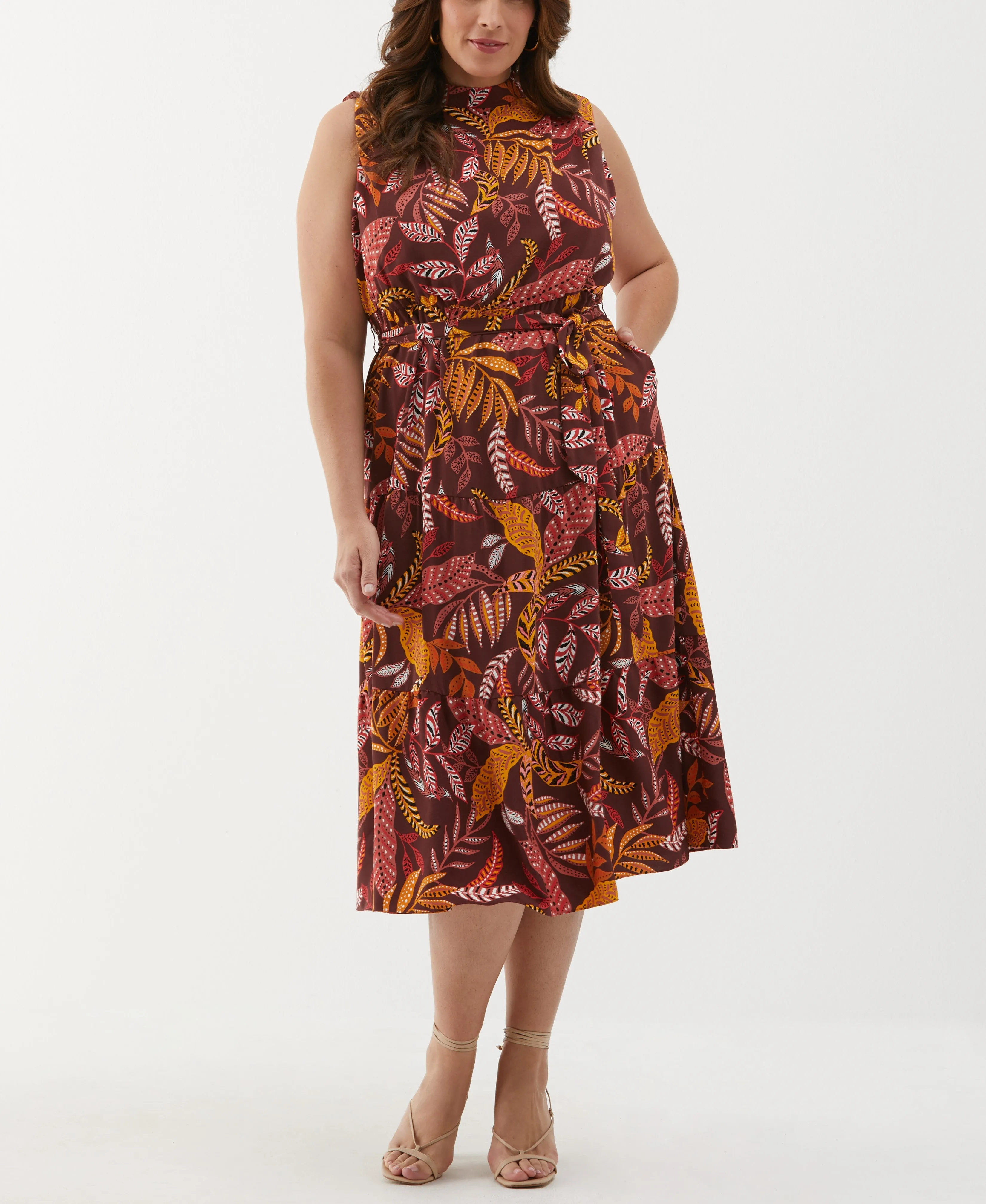 Plus Size Leaf Print Belted Dress