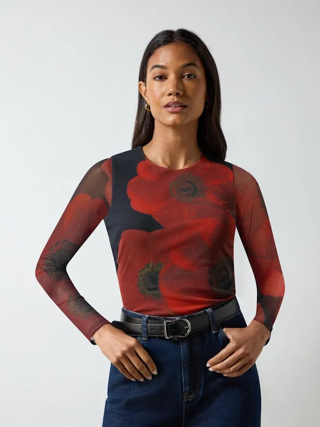 Red Floral Mesh Top