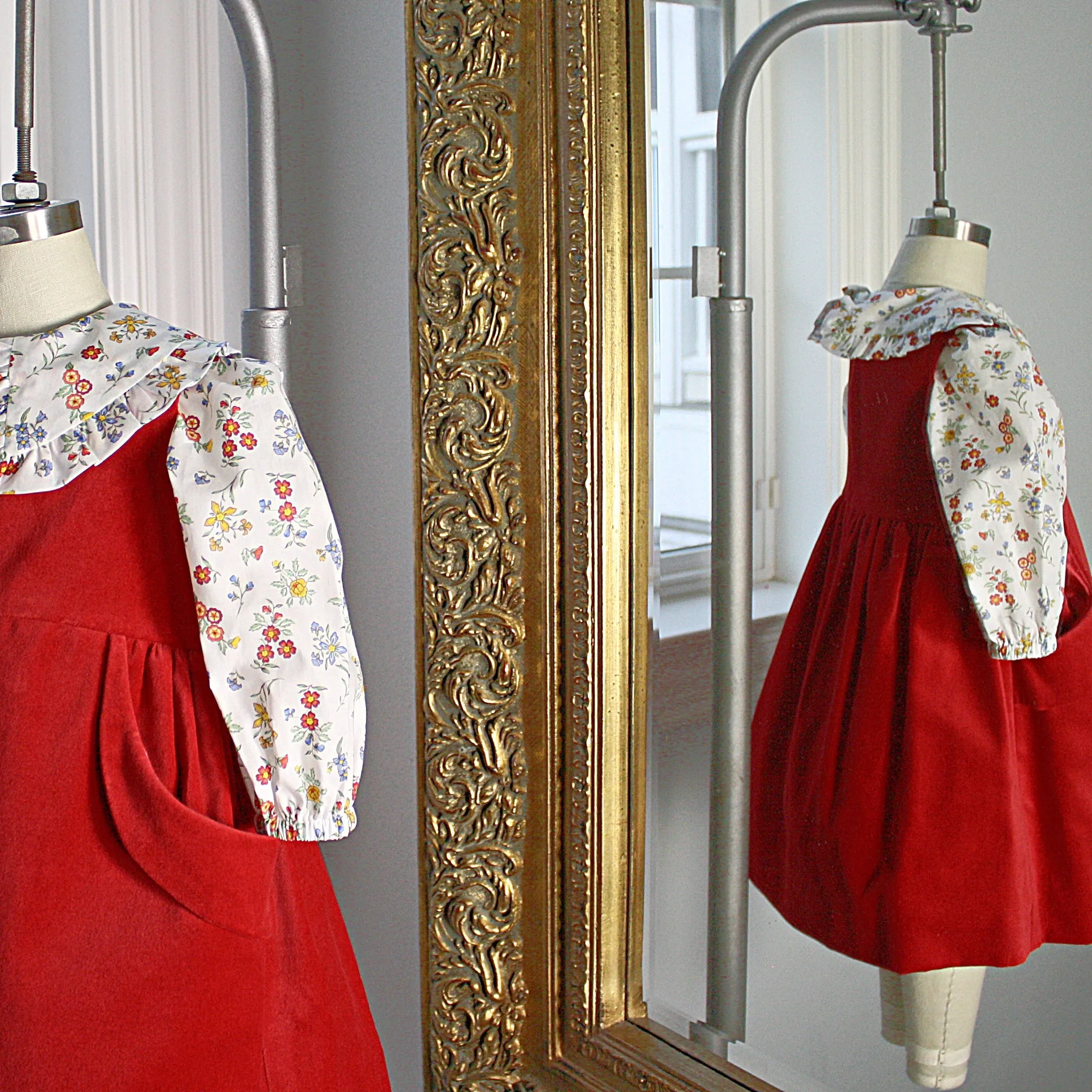 Red Velveteen Dress with Edith Rose Liberty London Blouse