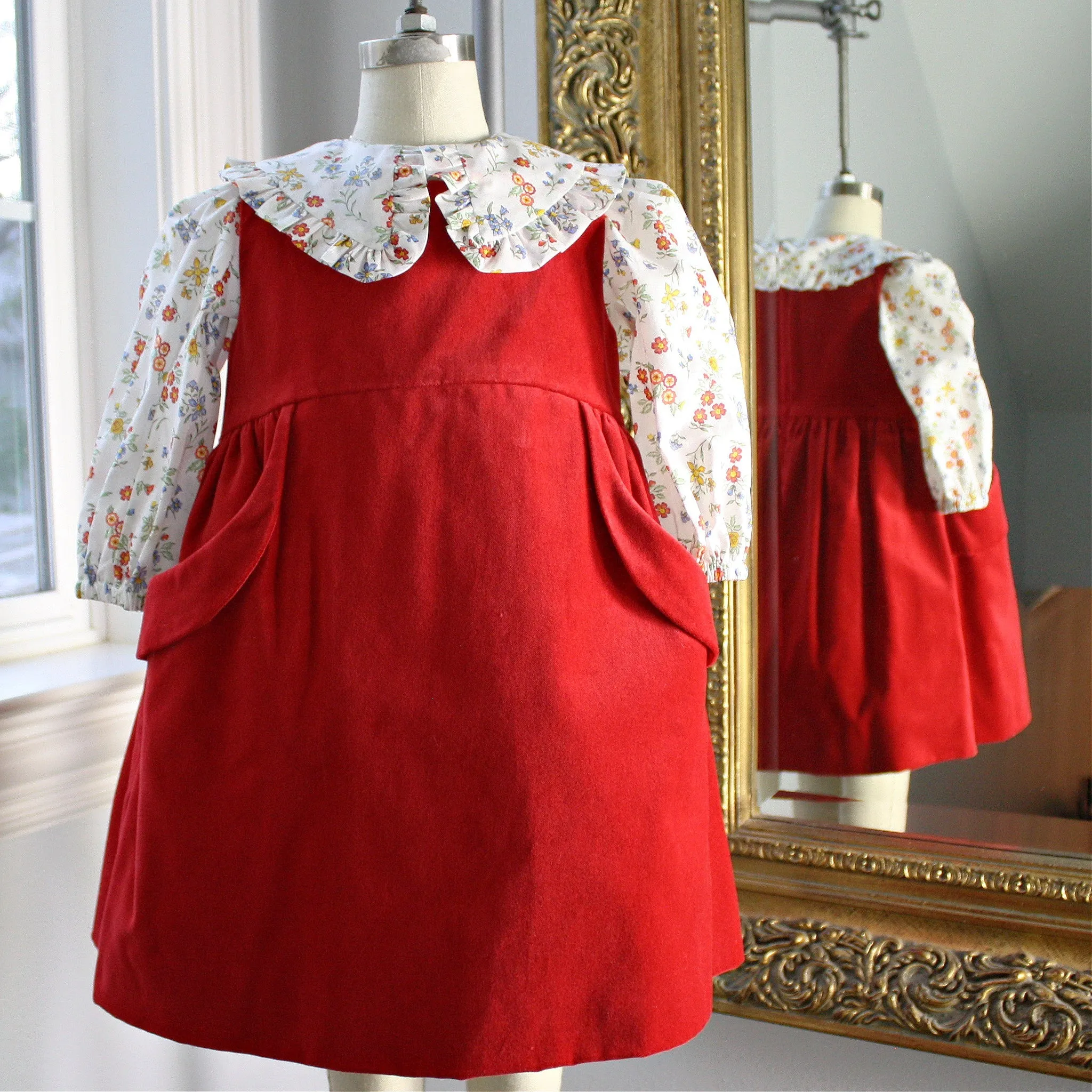 Red Velveteen Dress with Edith Rose Liberty London Blouse