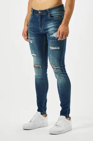 SKINNY FIT JEANS MULTI RIP - DARK WASH