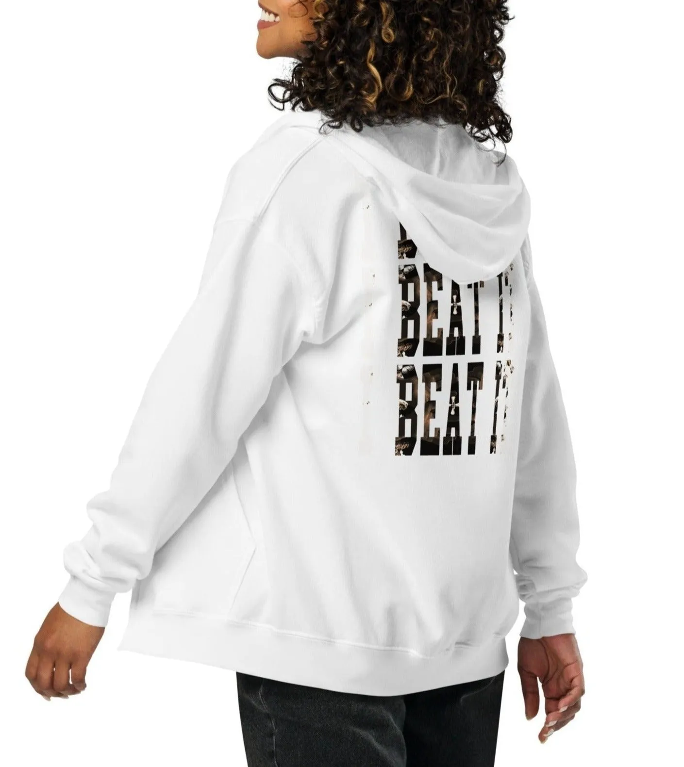 White heavy blend zip hoodie-Embroidered "I Beat it" Print